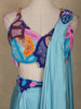 Aqua Blue Solid Design Satin Ready to Wear Draped Saree
