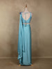 Aqua Blue Solid Design Satin Ready to Wear Draped Saree