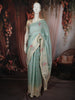 Aqua Blue Striped Zari Woven Design Pure Organza Fancy Saree with Contrast Birds Motif Border