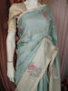 Aqua Blue Striped Zari Woven Design Pure Organza Fancy Saree with Contrast Birds Motif Border