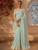 Aqua Blue Striped Zari Woven Design Pure Organza Fancy Saree with Contrast Birds Motif Border