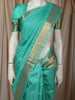 Aqua Green  Floral Striped Zari Woven Design Pure Kanchipuram Silk Saree with Zari Border