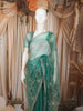 Aqua Green Floral Vine Stone Embellished Design Pure Tissue Silk Party Wear Saree with Scalloped Border