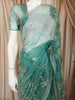 Aqua Green Floral Vine Stone Embellished Design Pure Tissue Silk Party Wear Saree with Scalloped Border