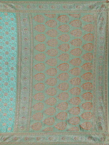 Aqua Green Floral Woven Banarasi Silk Saree - Diadem