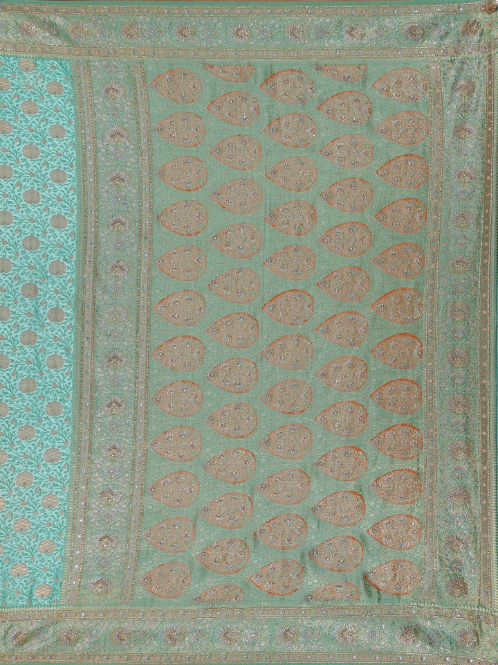 Aqua Green Floral Woven Banarasi Silk Saree - Diadem