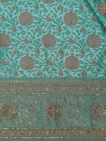 Aqua Green Floral Woven Banarasi Silk Saree - Diadem