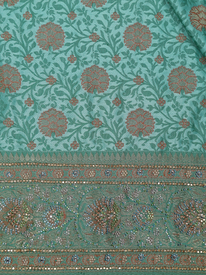 Aqua Green Floral Woven Banarasi Silk Saree - Diadem