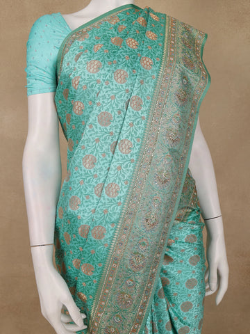 Aqua Green Floral Woven Banarasi Silk Saree - Diadem