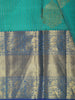 Aqua Green Striped Zari Woven Design Pure Kanchipuram Silk Saree with Contrast Zari Border
