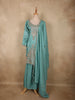 Aqua Teal Blue Floral Sequins and Beads Embroidered Design Satin Palazzo Suit with Dupatta