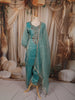 Aqua Turquoise Blue Abstract Sequins and Beads Embroidered  Design Tissue Silk Straight Cut Salwar Suit with Matching Dupatta