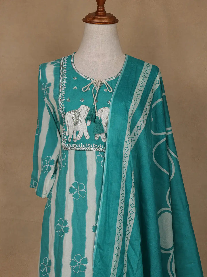 Aqua Blue Floral Design Printed Cotton Salwar Suit - Diadem