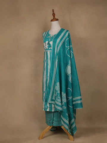 Aqua Blue Floral Design Printed Cotton Salwar Suit - Diadem