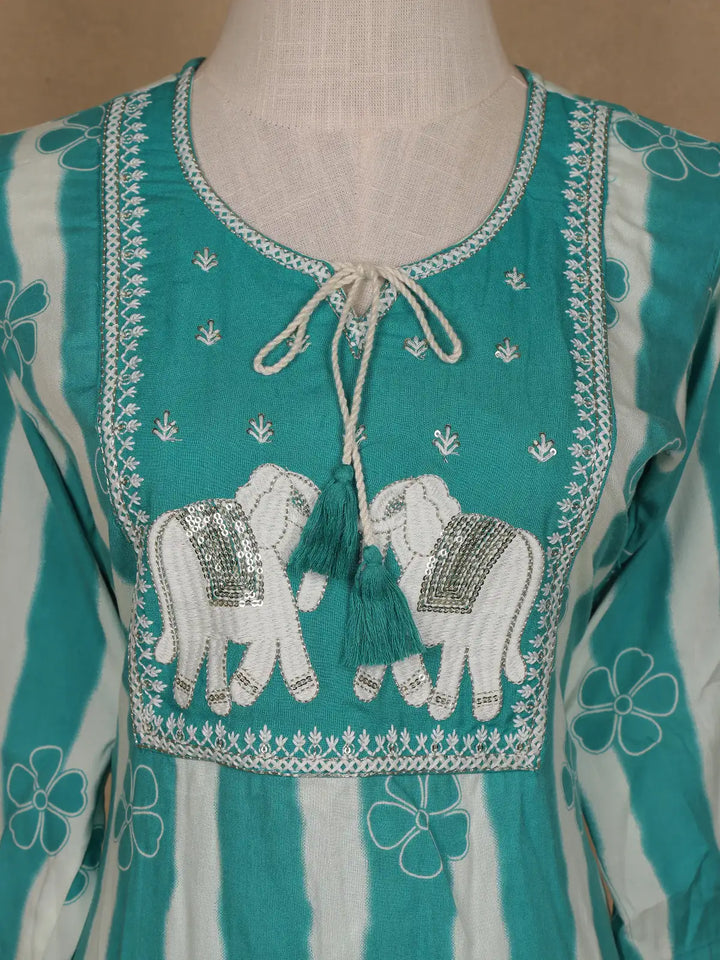 Aqua Blue Floral Design Printed Cotton Salwar Suit - Diadem
