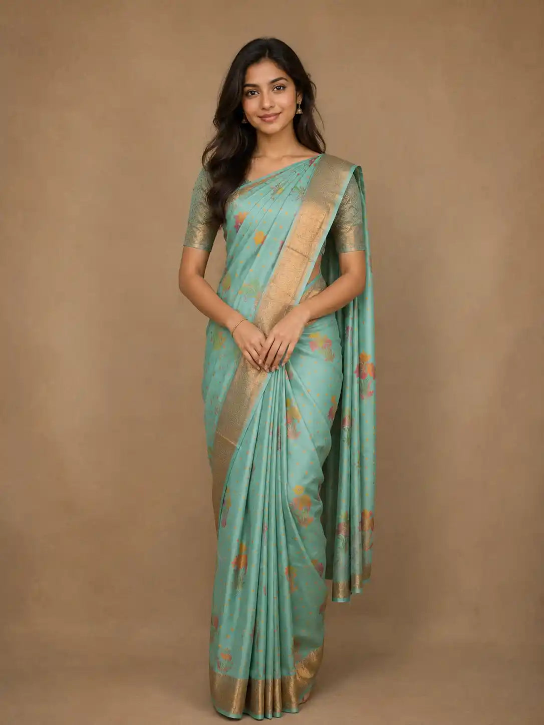 Aqua Blue Floral Designed Art Silk Saree Zari Border
