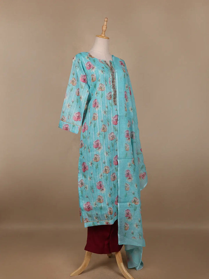 Aqua Blue Floral Designed Cotton Salwar Suit - Diadem