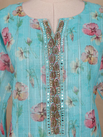 Aqua Blue Floral Designed Cotton Salwar Suit - Diadem
