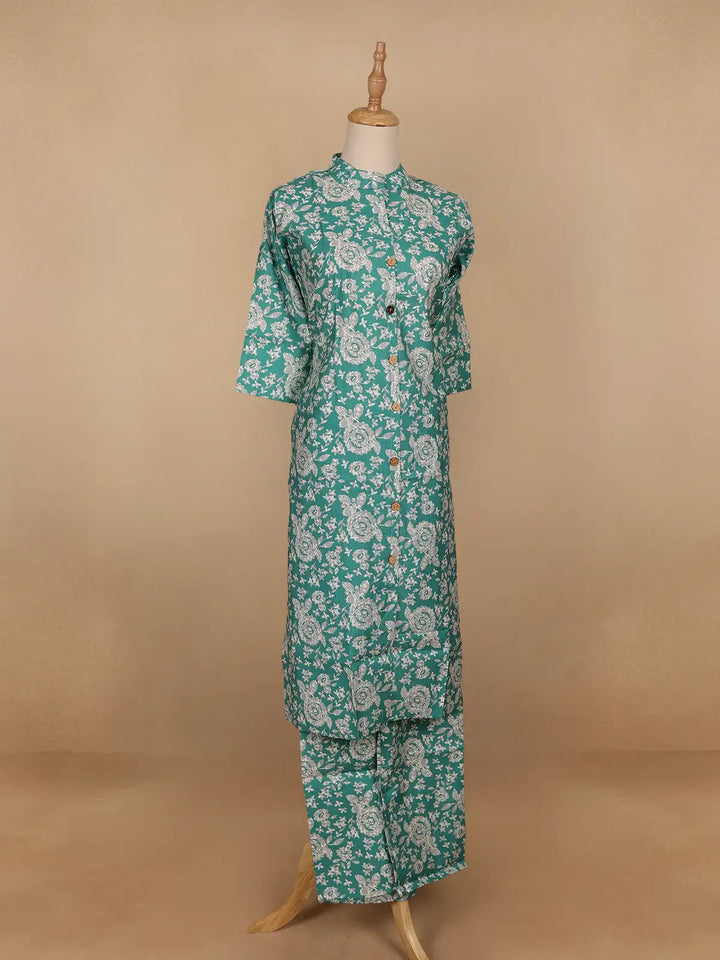 Aqua Blue Floral Designed Cotton Salwar Suit - Diadem