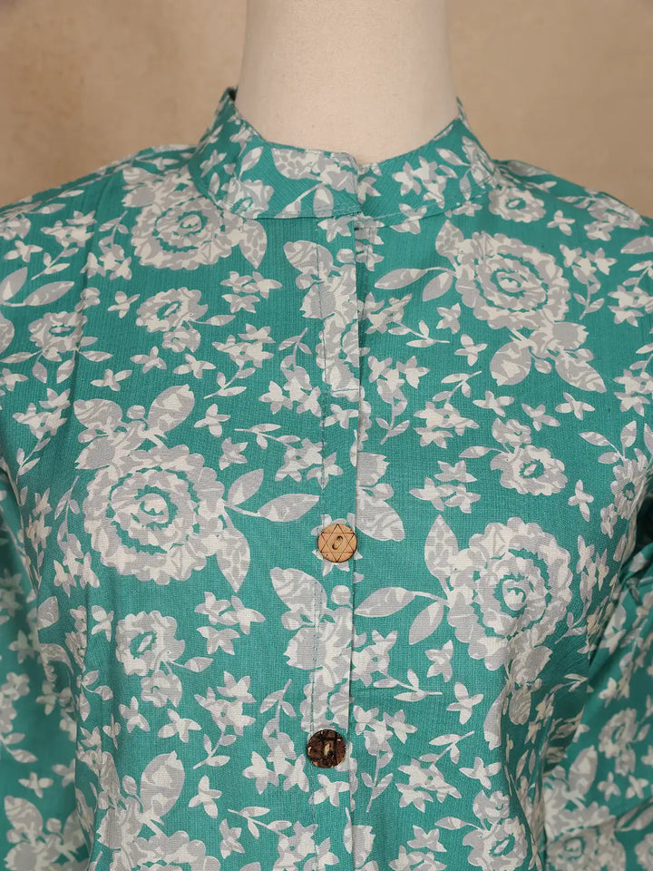 Aqua Blue Floral Designed Cotton Salwar Suit - Diadem