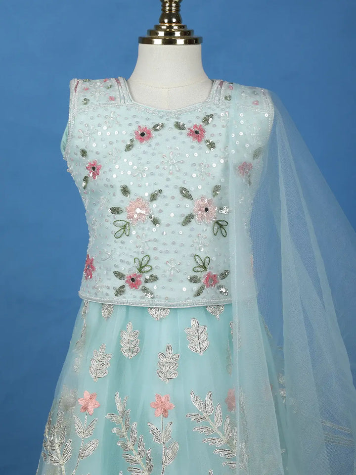 Aqua Blue Floral Designed Net Lehenga - Diadem