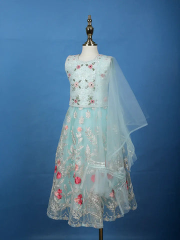 Aqua Blue Floral Designed Net Lehenga - Diadem
