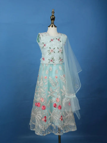 Aqua Blue Floral Designed Net Lehenga - Diadem
