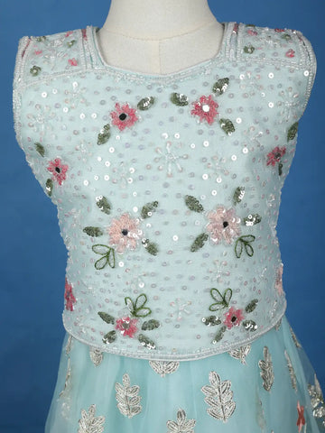 Aqua Blue Floral Designed Net Lehenga - Diadem