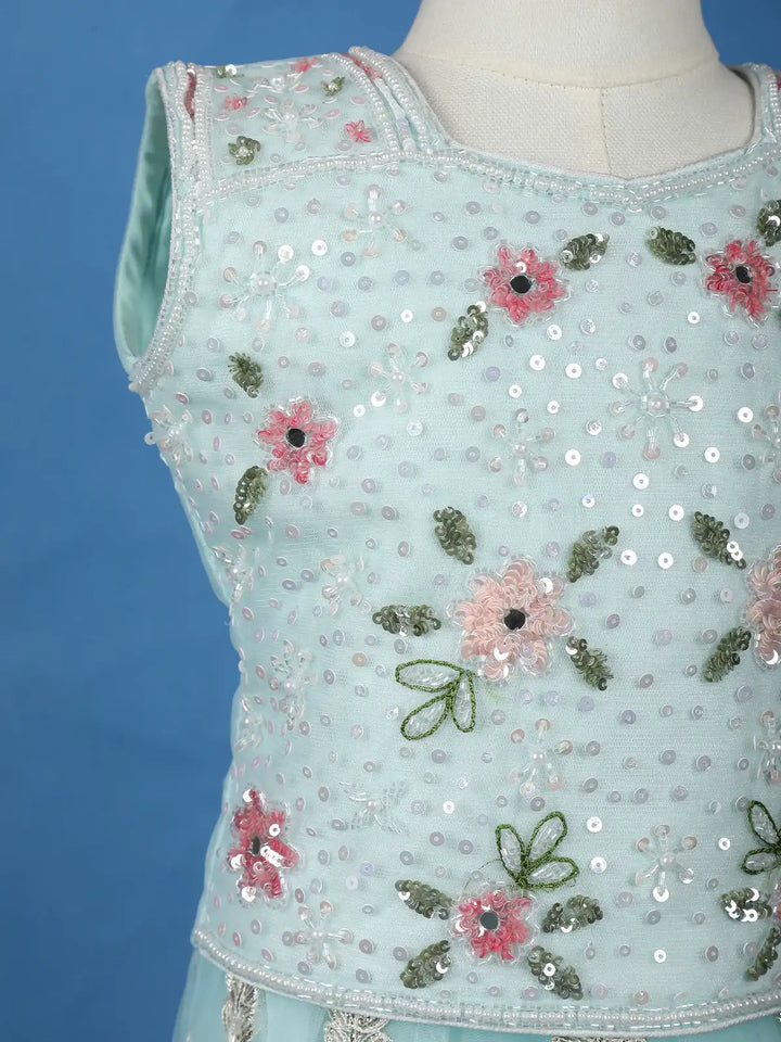 Aqua Blue Floral Designed Net Lehenga - Diadem