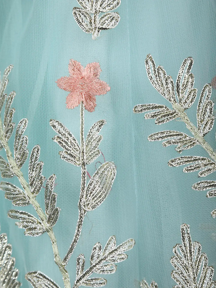 Aqua Blue Floral Designed Net Lehenga - Diadem