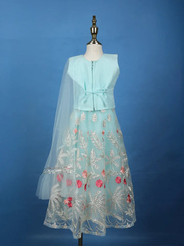 Aqua Blue Floral Designed Net Lehenga - Diadem