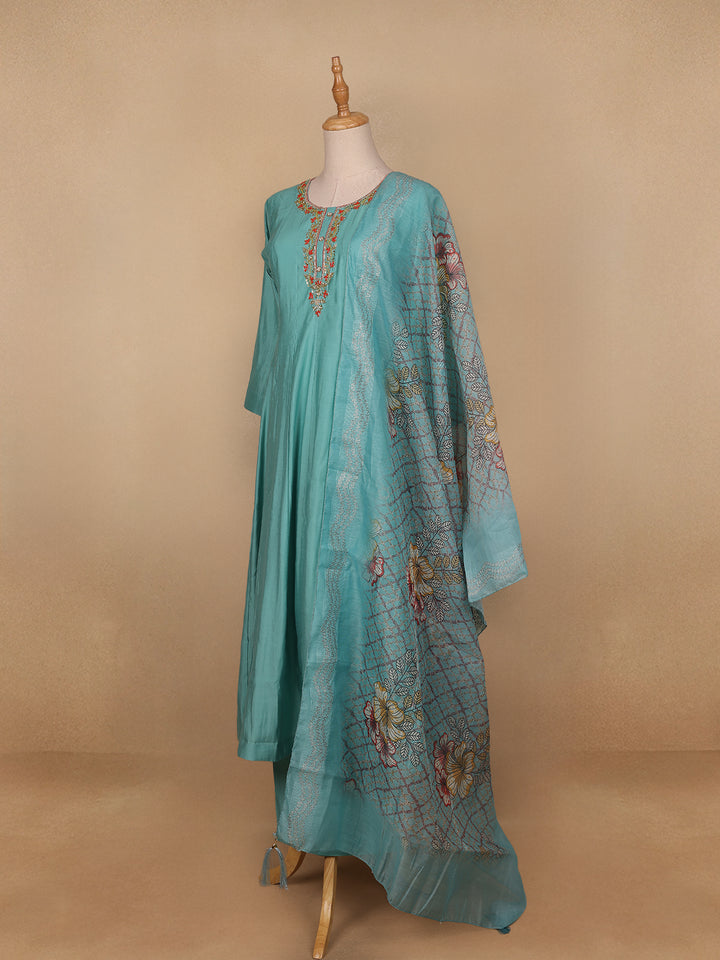 Aqua Blue Floral Designed Semi Silk Salwar Suit - Diadem