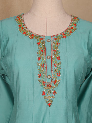 Aqua Blue Floral Designed Semi Silk Salwar Suit - Diadem