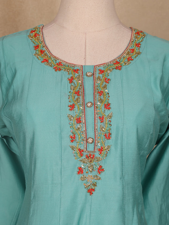Aqua Blue Floral Designed Semi Silk Salwar Suit - Diadem