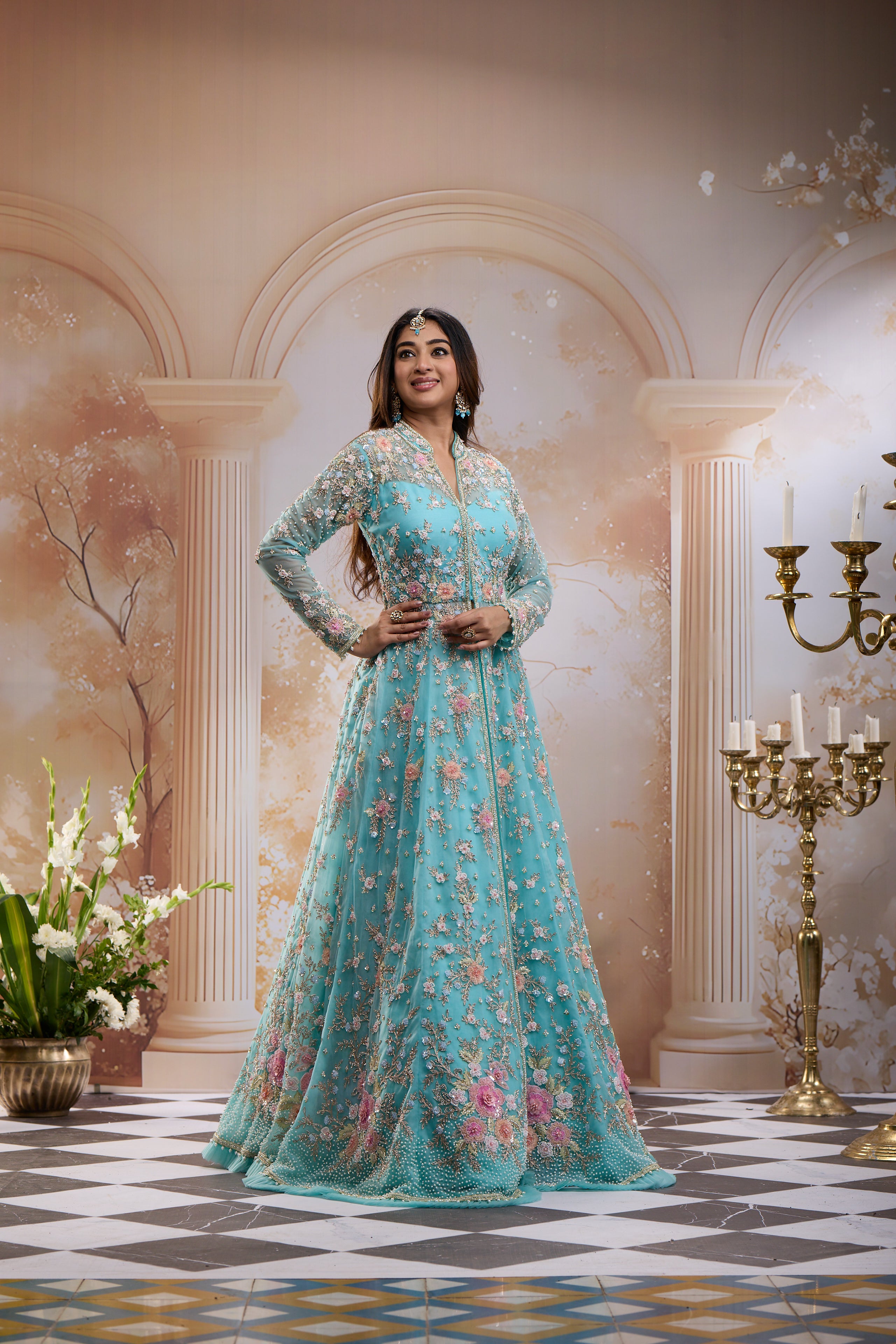 Aqua Blue Floral Embroidered Long Type Over Coat Net Lehenga