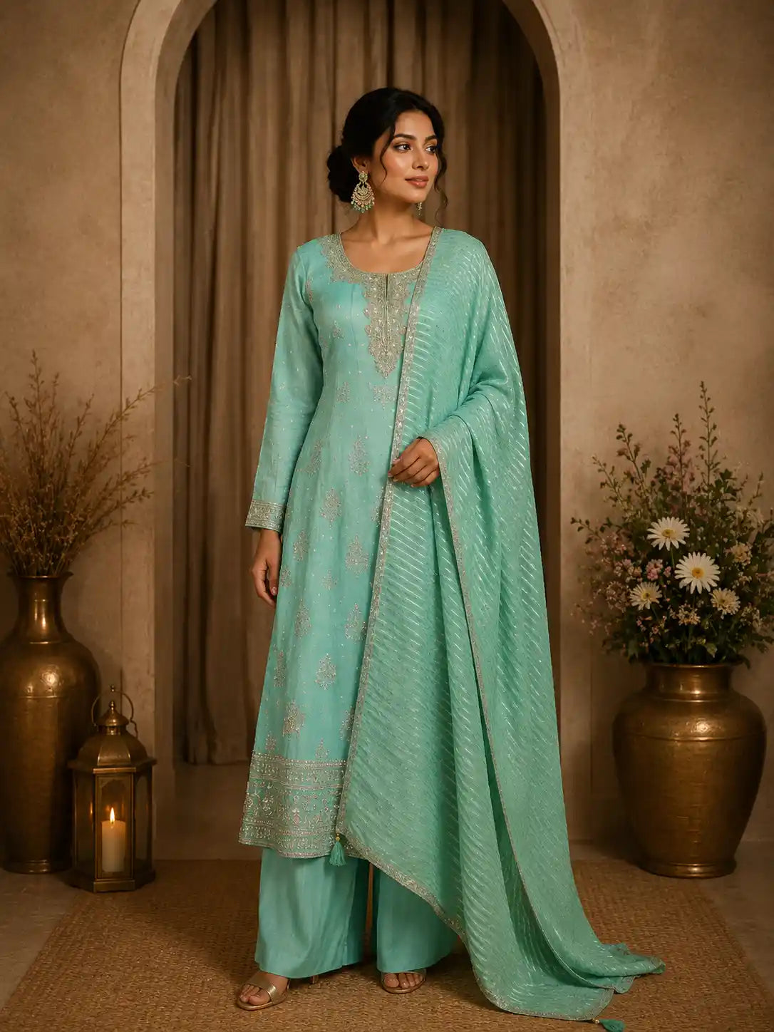 Aqua Blue Floral Embroidered Tissue Silk Palazzo Suit with Striped Dupatta