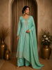 Aqua Blue Floral Embroidered Tissue Silk Palazzo Suit with Striped Dupatta