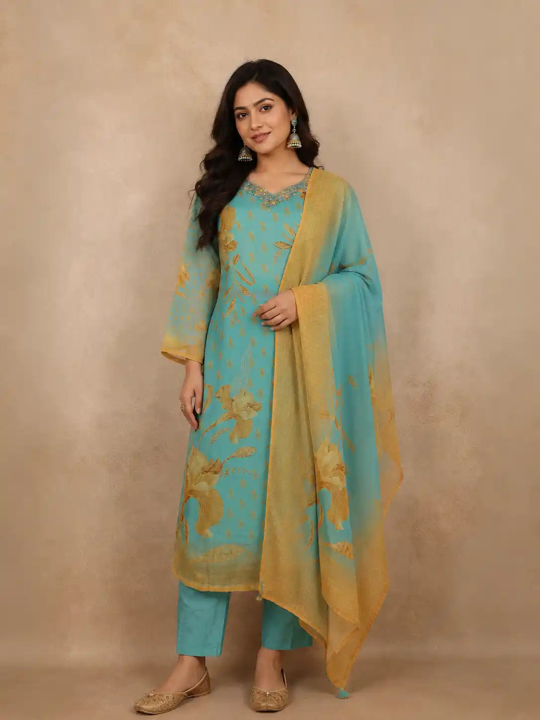 Aqua Blue Floral Printed Design Crepe Silk Straight Cut Salwar Suit
