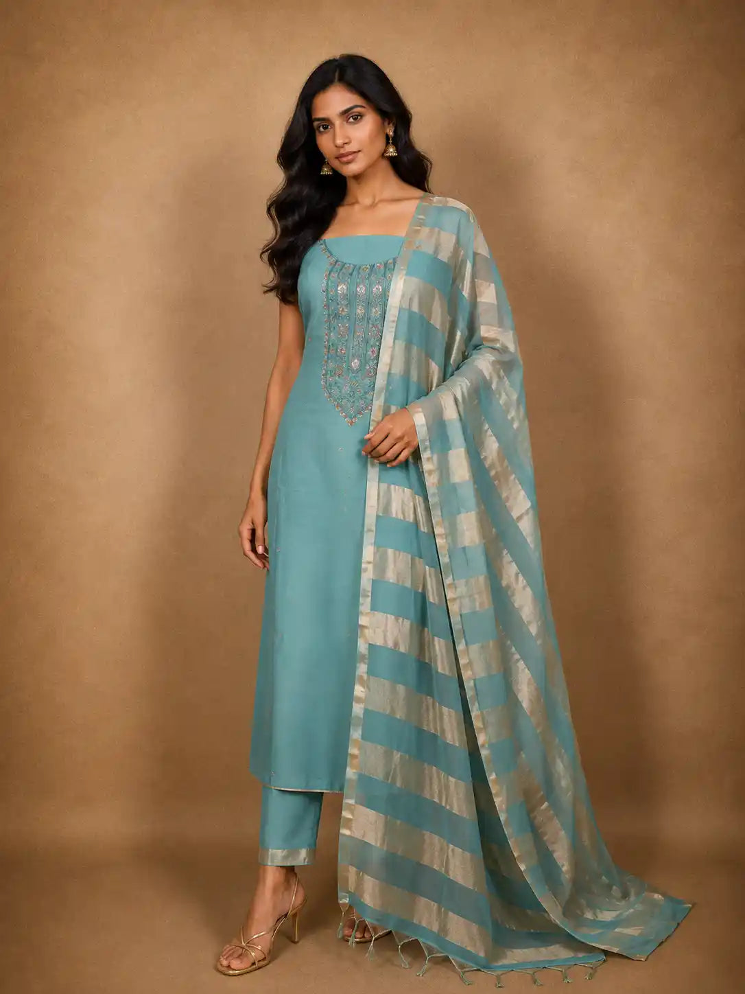 Aqua Blue Floral Sequins Embroidered Design Tissue Unstitched Salwar Material with Dupatta
