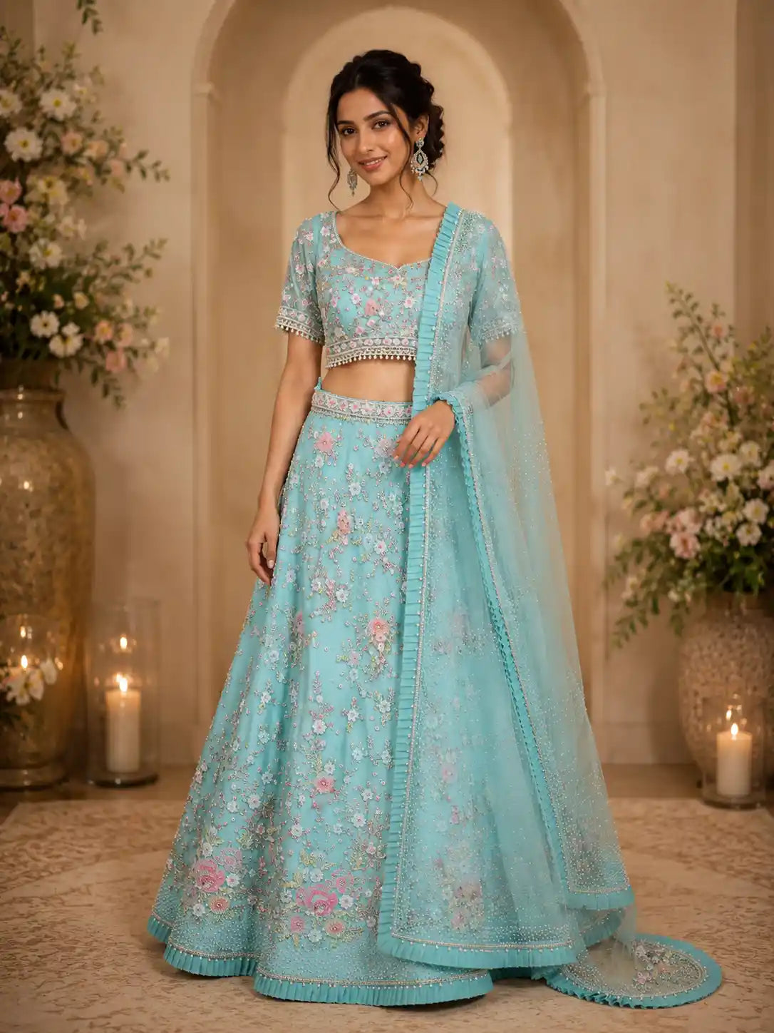Aqua Blue Floral Sequins and Beads Embroidered Design Net Lehenga With Dupatta