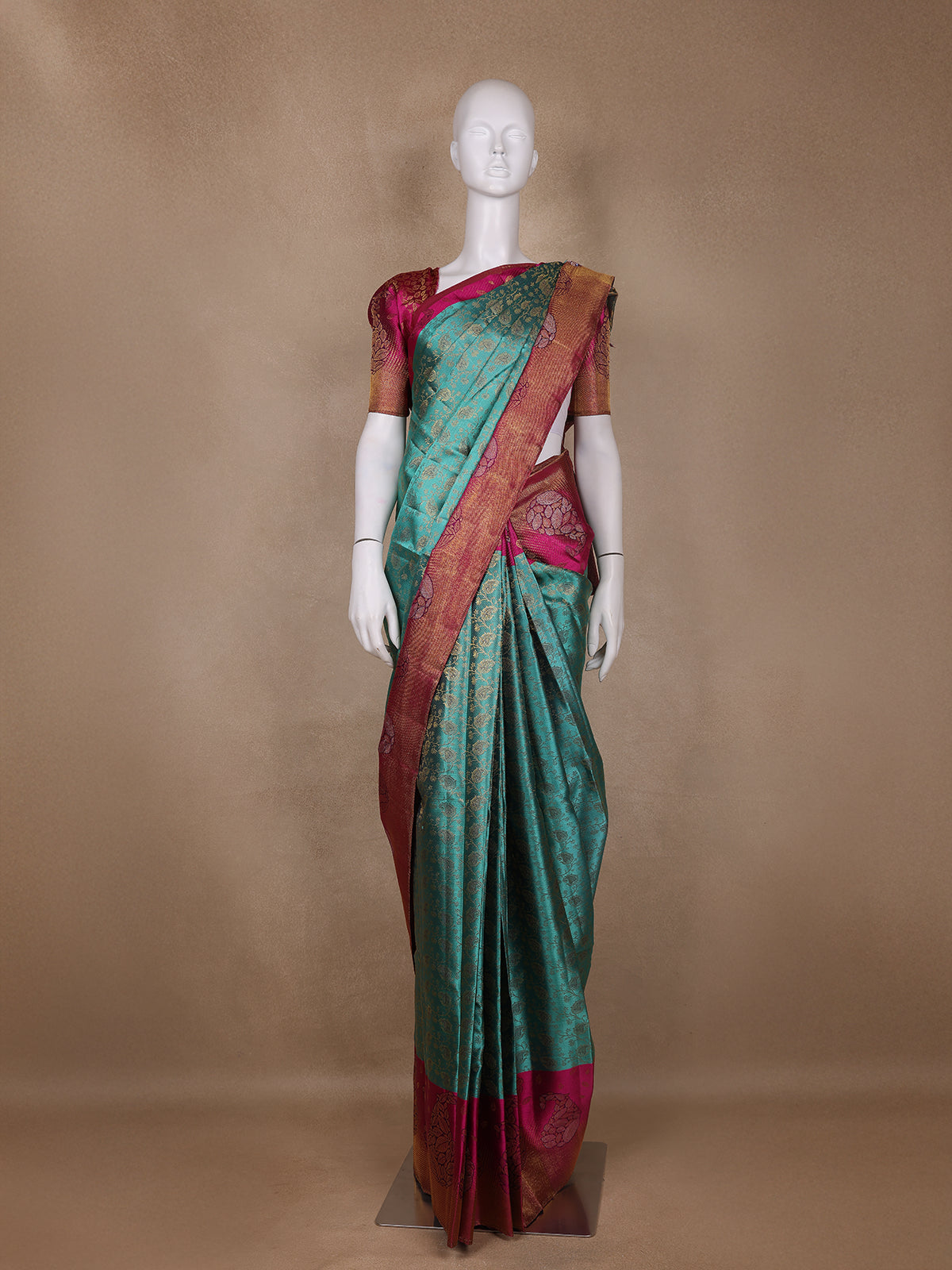 Aqua Blue Floral Woven Motifs Pure Kanchipuram Silk Saree