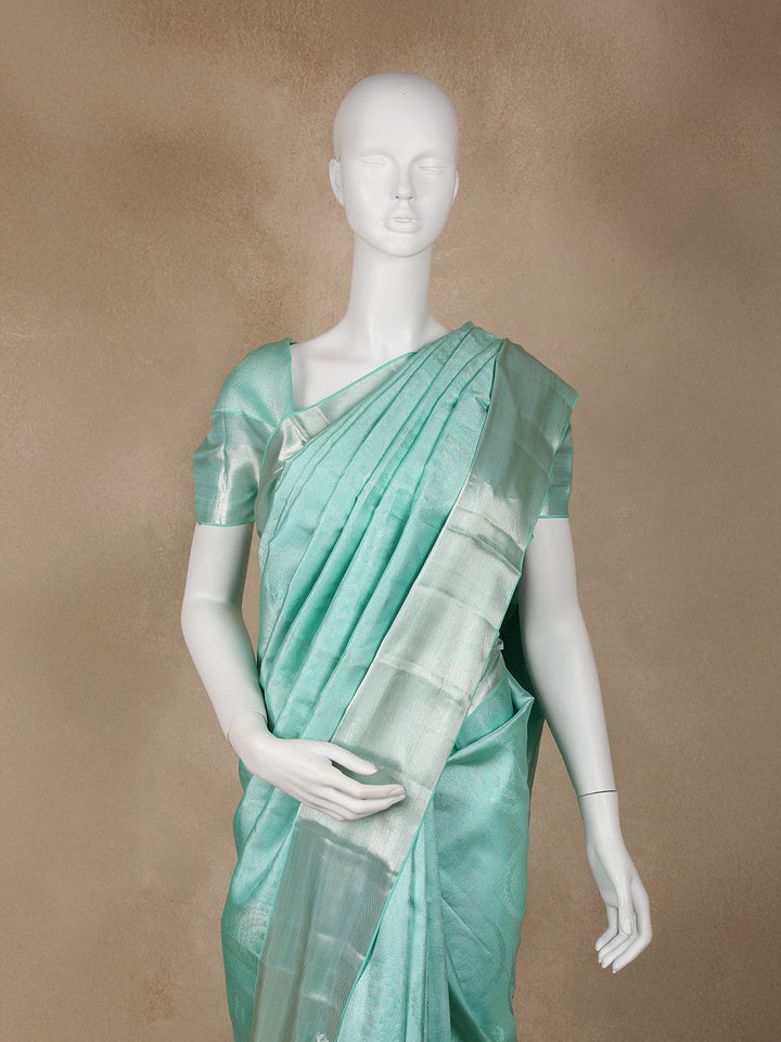 Aqua Blue Floral Woven Pure Kanchipuram Silk Saree - Diadem
