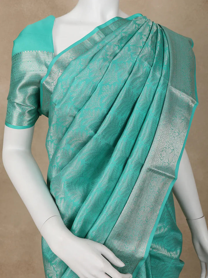 Aqua Blue Floral Woven Pure Kanchipuram Silk Saree - Diadem