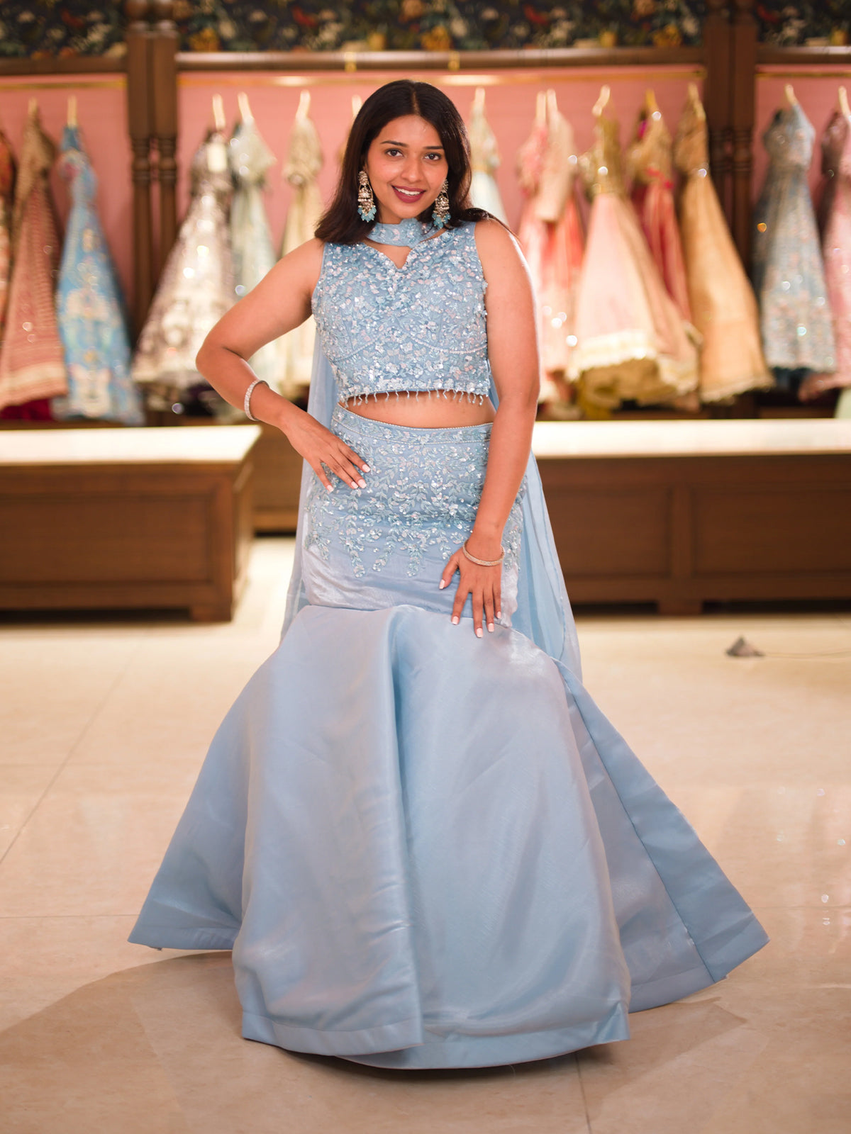 Aqua Blue Heavy Sequins and Beads Embroidered Net Mermaid Lehenga with Choker Dupatta