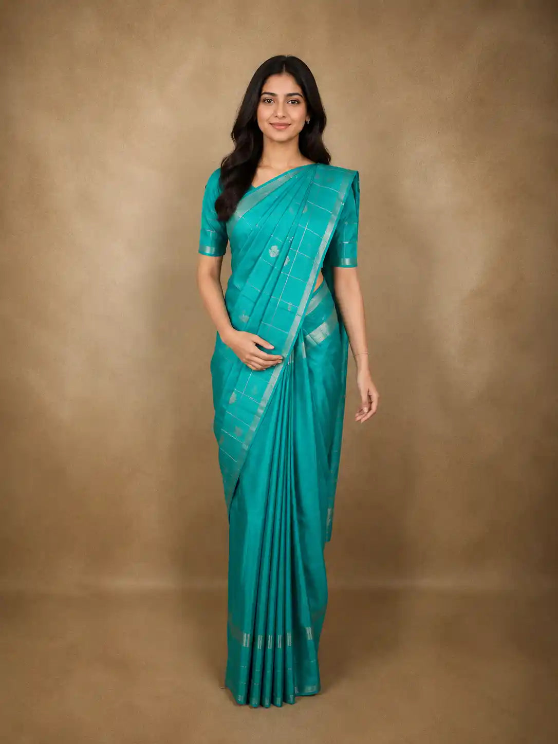 Aqua Blue Paisley Butta Zari Woven Design Pure Kanchipuram Silk Saree with Checks Zari Border