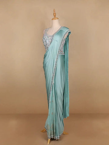 Aqua Blue Satin Saree with Plain Body Paired with Full Sleeve Designer Blouse - Diadem