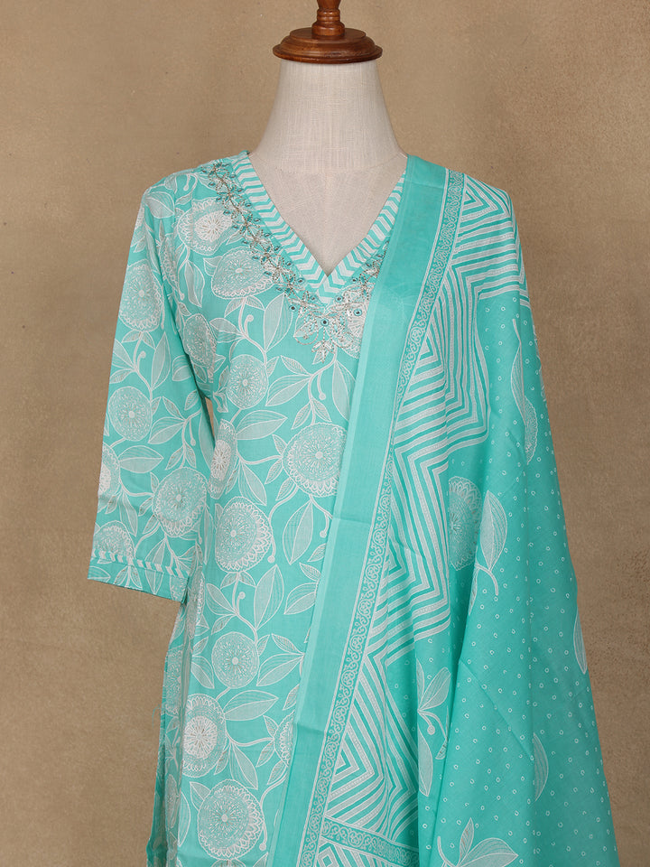 Aqua Green Floral Design Printed Cotton Salwar Suit - Diadem