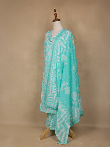Aqua Green Floral Design Printed Cotton Salwar Suit - Diadem