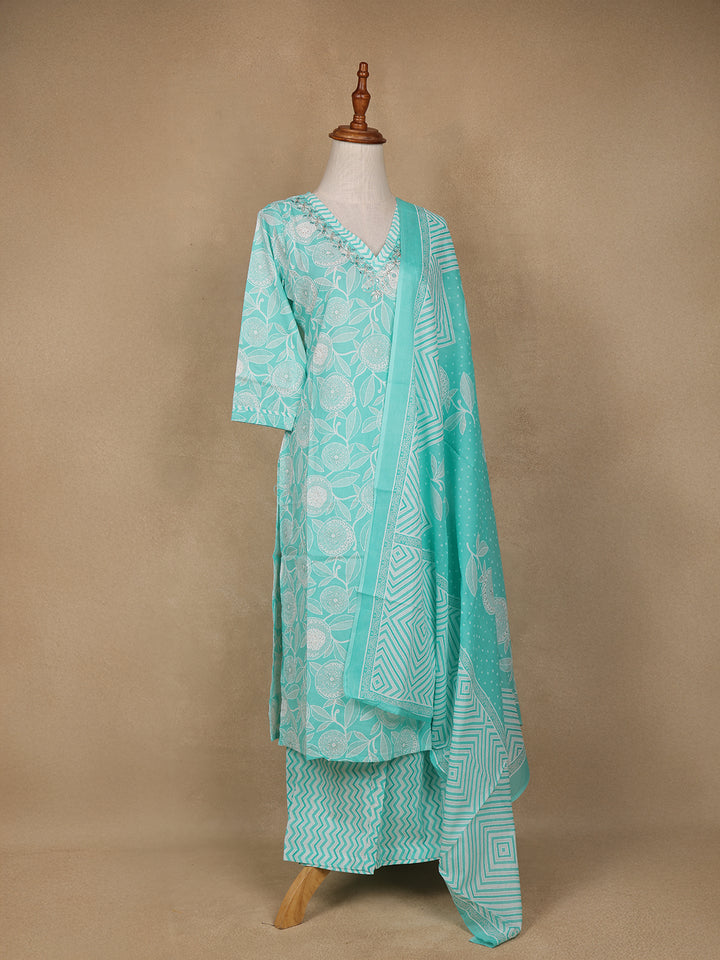 Aqua Green Floral Design Printed Cotton Salwar Suit - Diadem