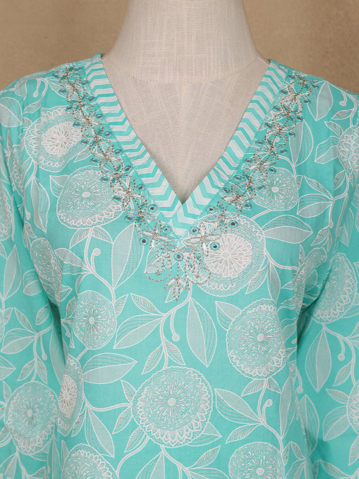 Aqua Green Floral Design Printed Cotton Salwar Suit - Diadem